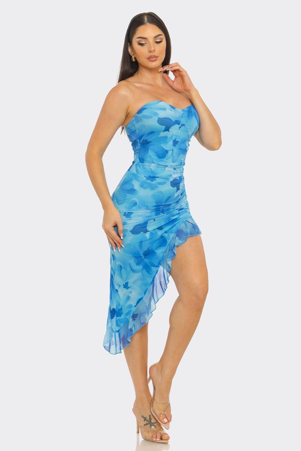 Tropicana Printed Midi Dress With Asymmetrical Skirt - Light Blue for women Vacation Outfits Birthday Dresses Going Out Looks