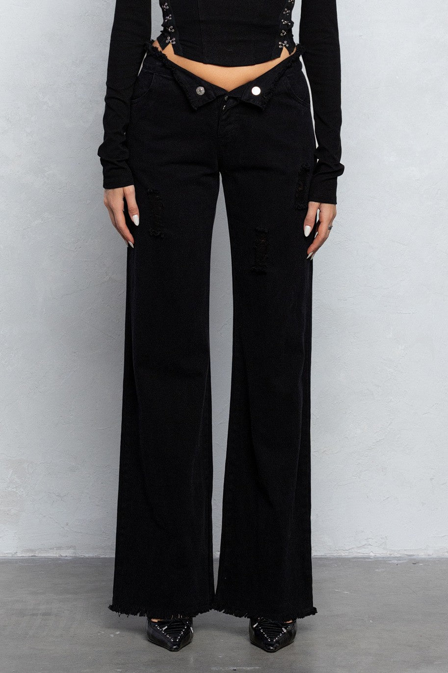 V - Line Folded Detail Destroyed Twill Pants | Raw Hem Street Style - Blaire Shops