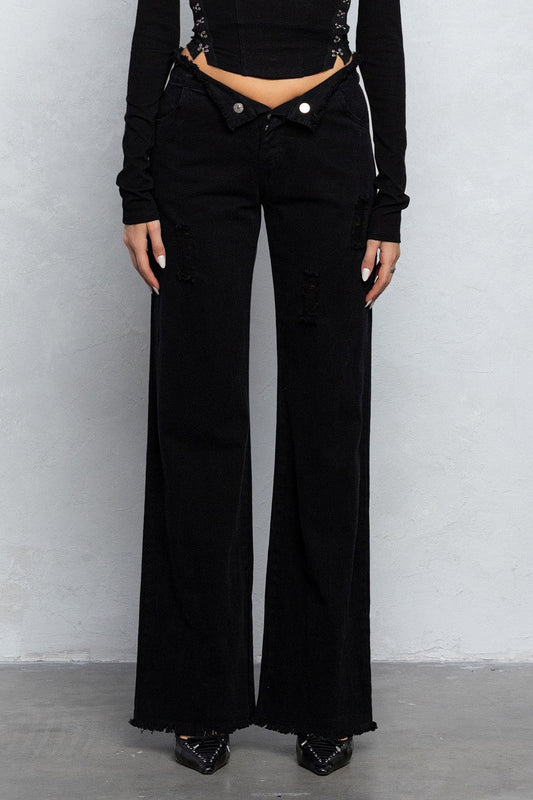 V - Line Folded Detail Destroyed Twill Pants | Raw Hem Street Style - Blaire Shops