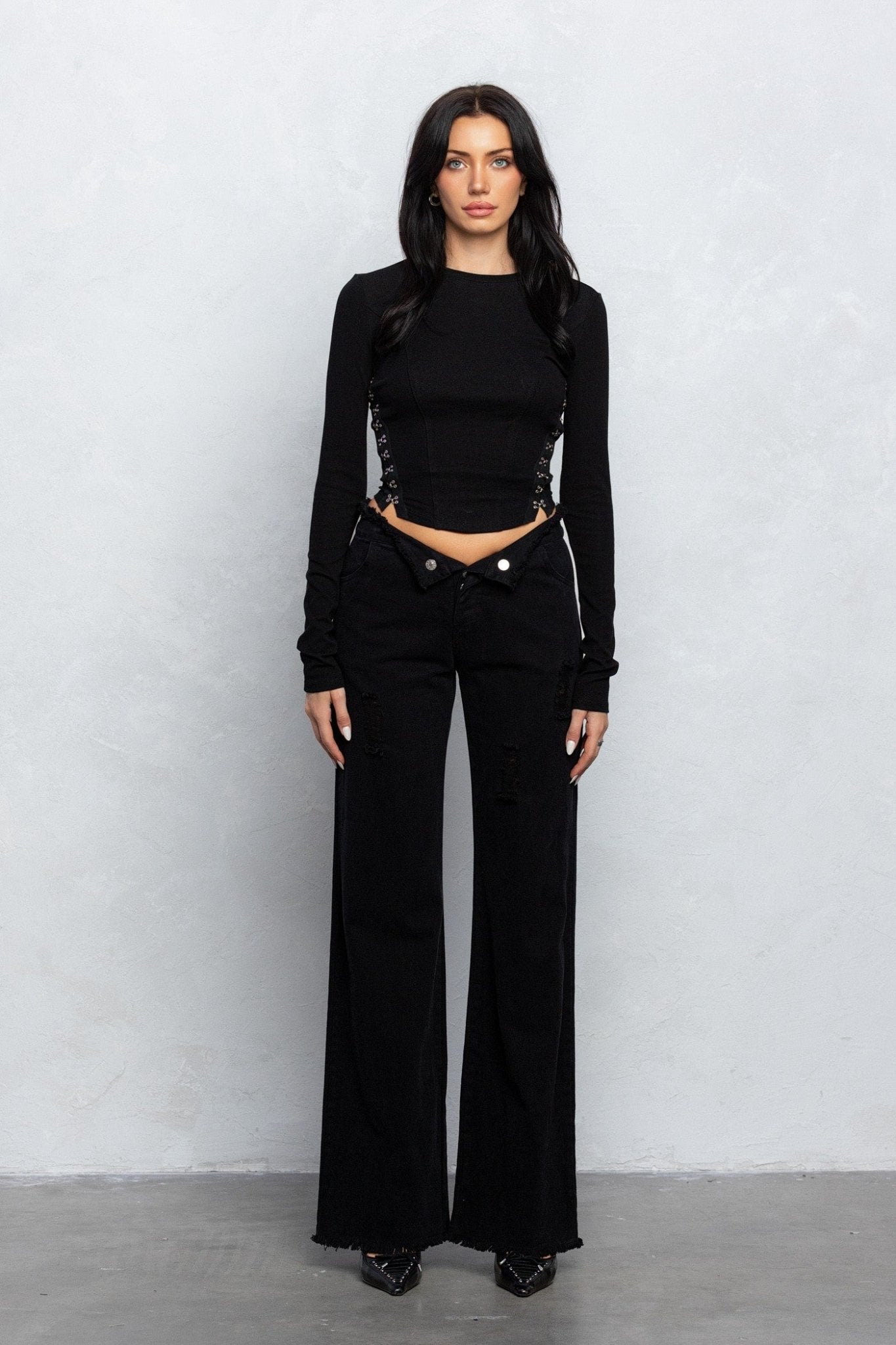 V - Line Folded Detail Destroyed Twill Pants | Raw Hem Street Style - Blaire Shops