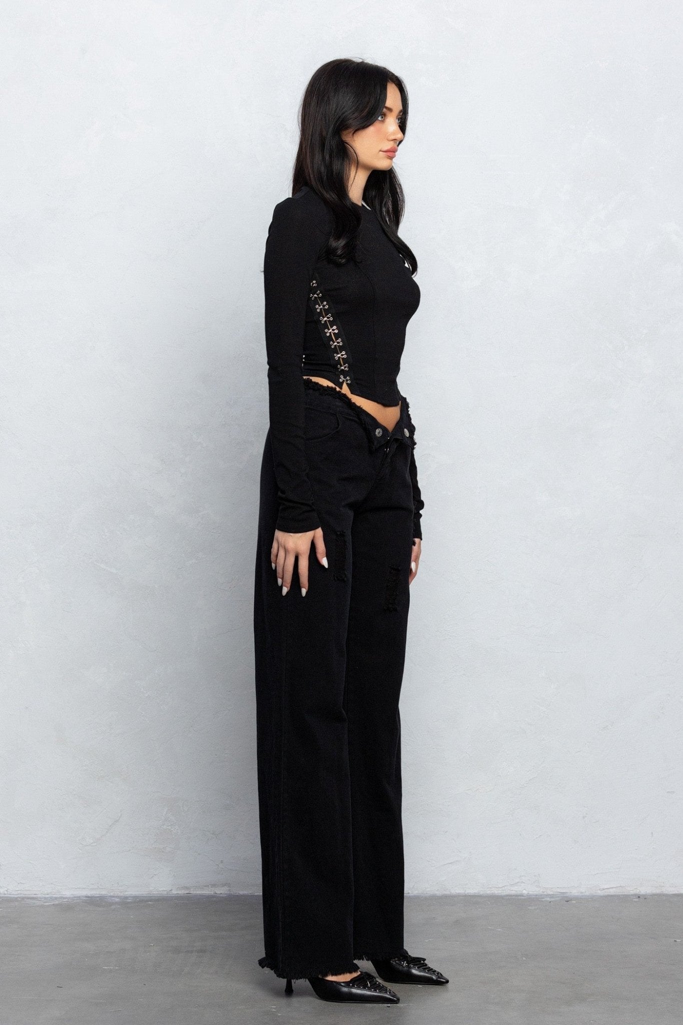 V - Line Folded Detail Destroyed Twill Pants | Raw Hem Street Style - Blaire Shops