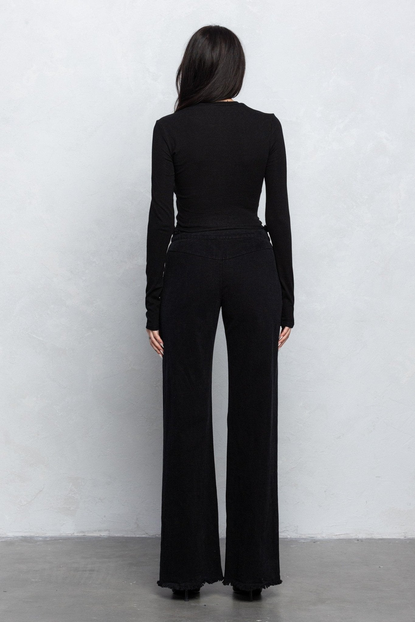 V - Line Folded Detail Destroyed Twill Pants | Raw Hem Street Style - Blaire Shops