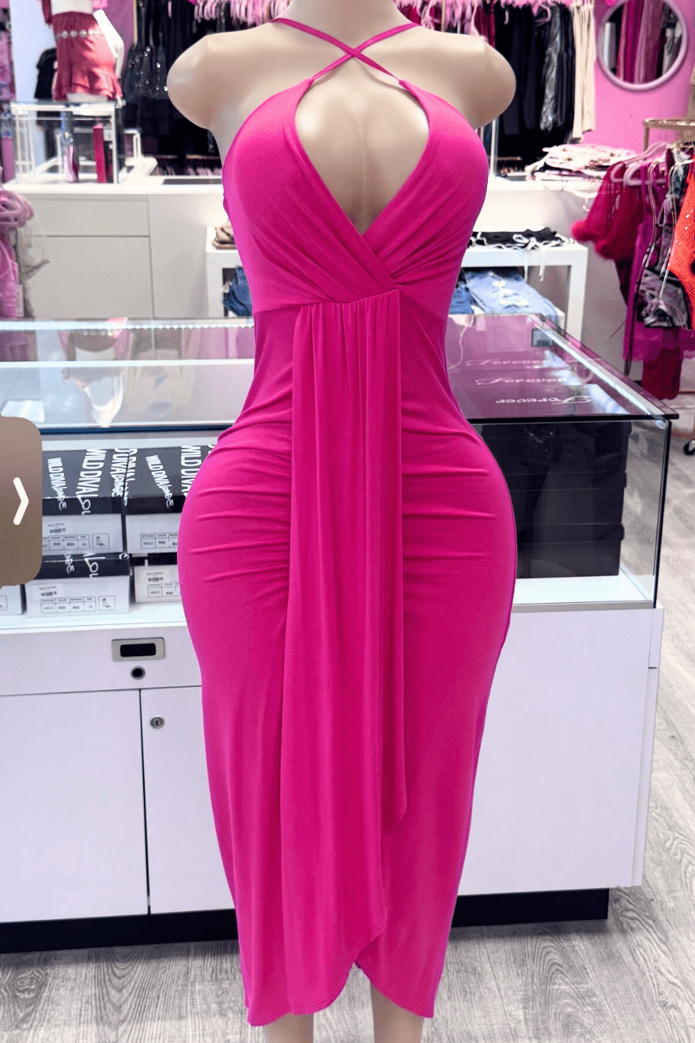 Valencia Halter Drape Midi Dress – Sexy Date Night & Vacation Dress for Women - Fushia dress for women Vacation Outfits Birthday Dresses Going Out Looks