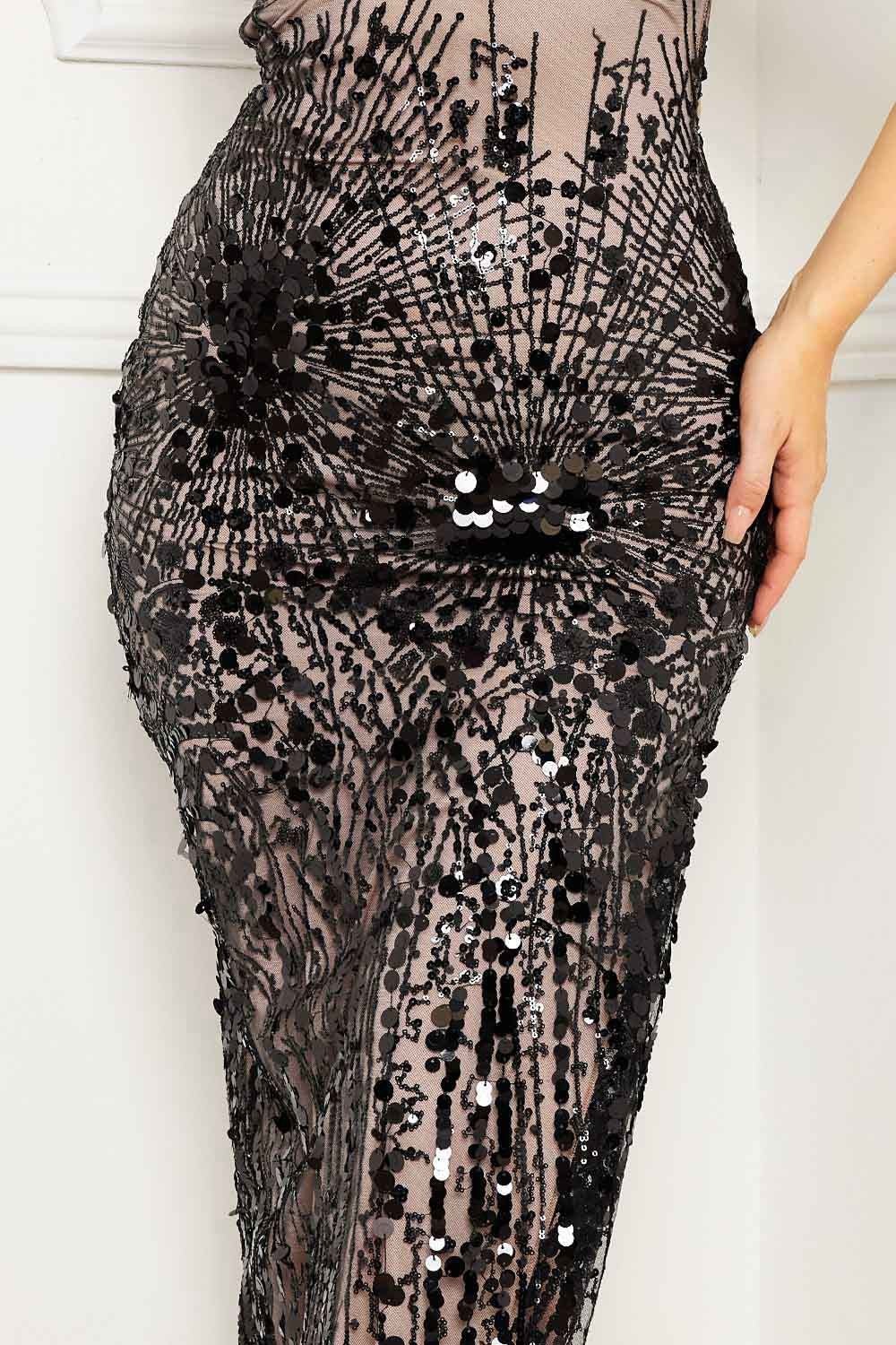 Valencia Sequin Two - Tone Maxi Dress – Sweetheart Neck, Crisscross Back & Side Slit - Black DRESS for women Vacation Outfits Birthday Dresses Going Out Looks