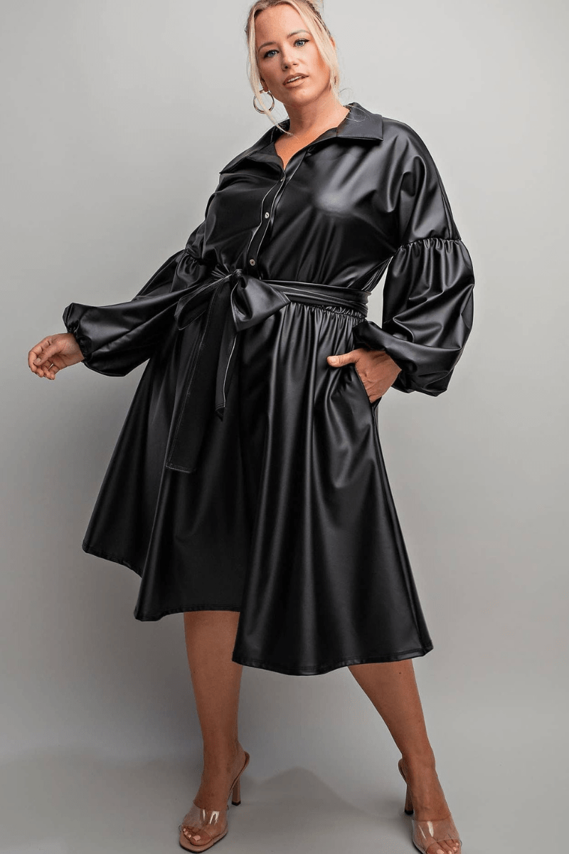 VICTORIA PLUS SIZE FAUX LEATHER BUTTON FRONT FIT FLARE DRESS - Blaire Shops