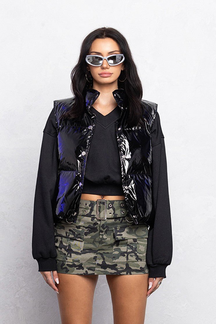 Vinyl Glossy Puffer Vest | Trendy Streetwear Outerwear - Black for women Vacation Outfits Birthday Dresses Going Out Looks