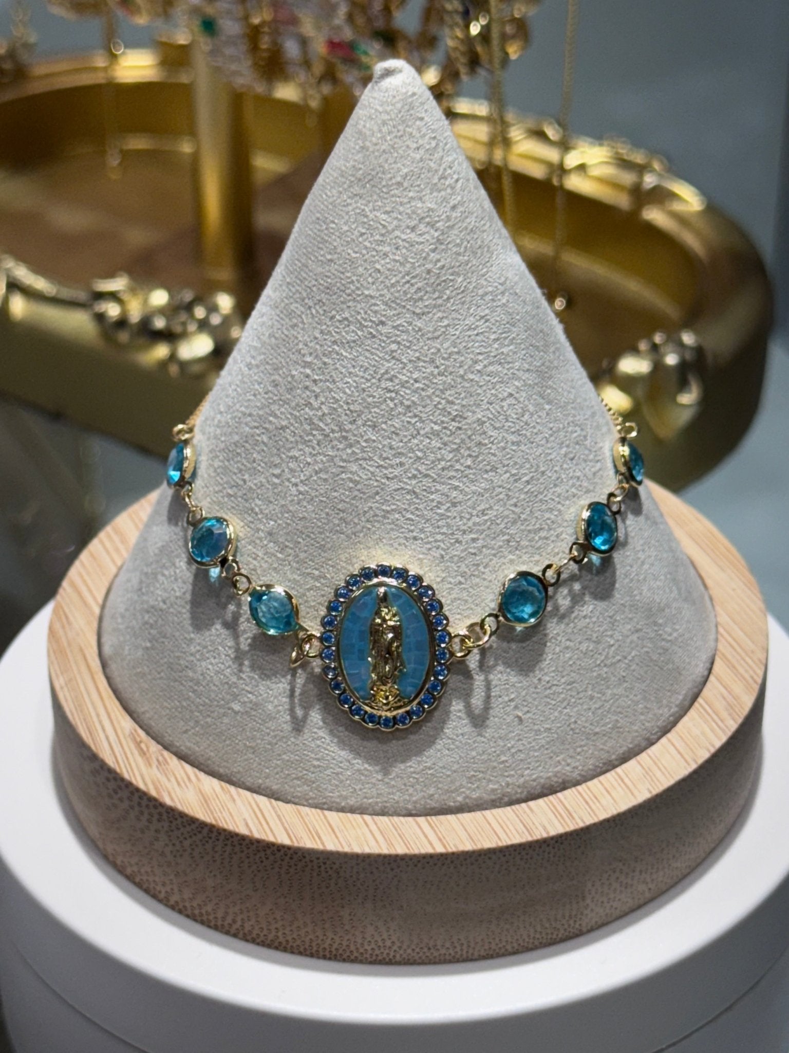 Virgin Mary Aqua Blue Gem Bracelet – 18K Gold Plated - Blaire Shops