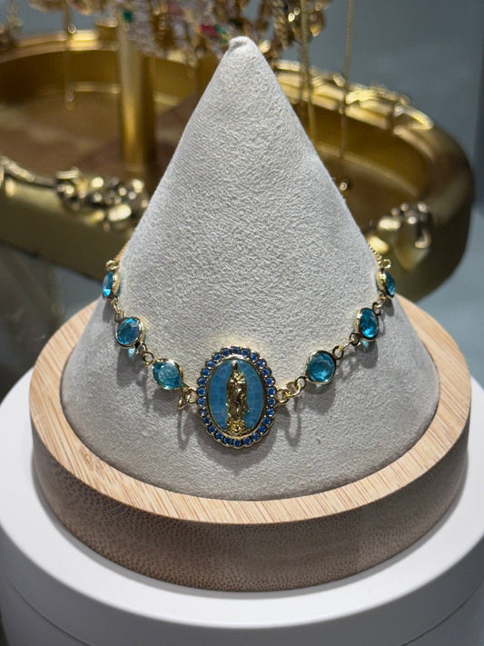 Virgin Mary Aqua Blue Gem Bracelet – 18K Gold Plated - Blaire Shops