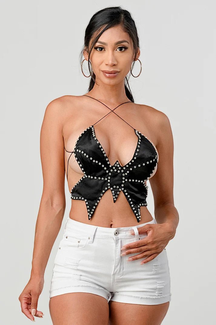 Vyxen Rhinestone Butterfly Halter Top - Blaire Shops
