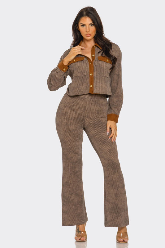 Washed Corduroy Color Block Set – Button Down Collared Top & Flare Pants - Blaire Shops