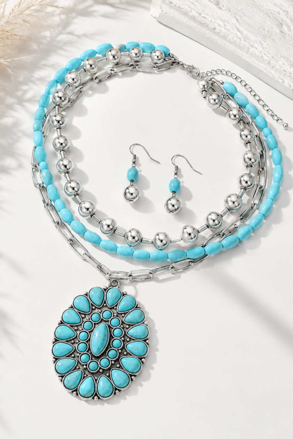 Boho Western Turquoise Concho Pendant Necklace & Earrings Set