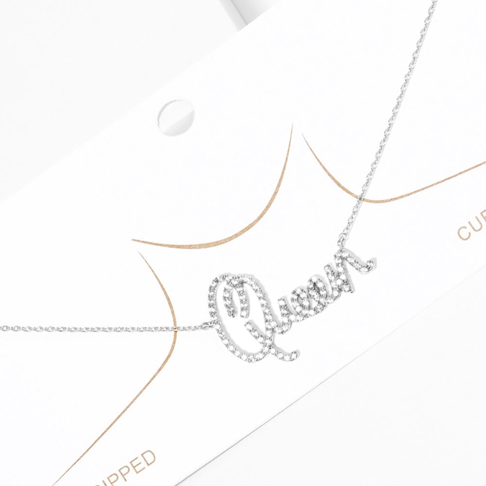 White Gold Dipped CZ Queen Message Pendant Necklace - Blaire Shops