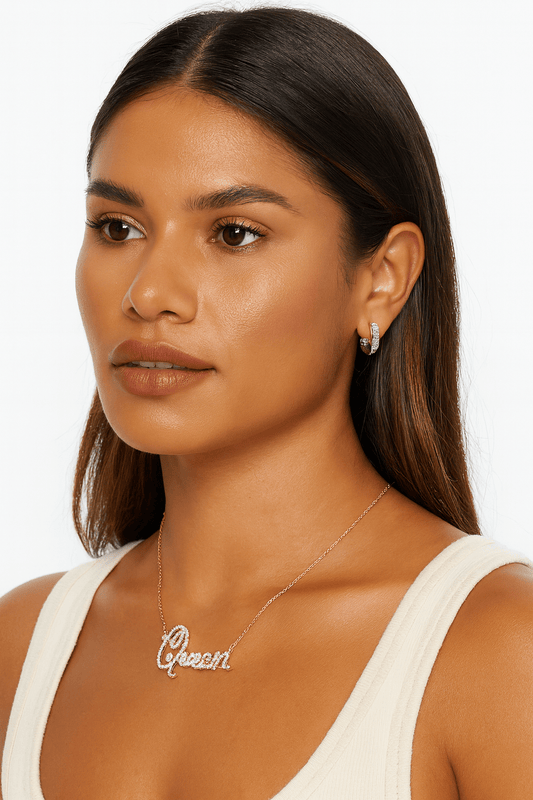 White Gold Dipped CZ Queen Message Pendant Necklace - Blaire Shops