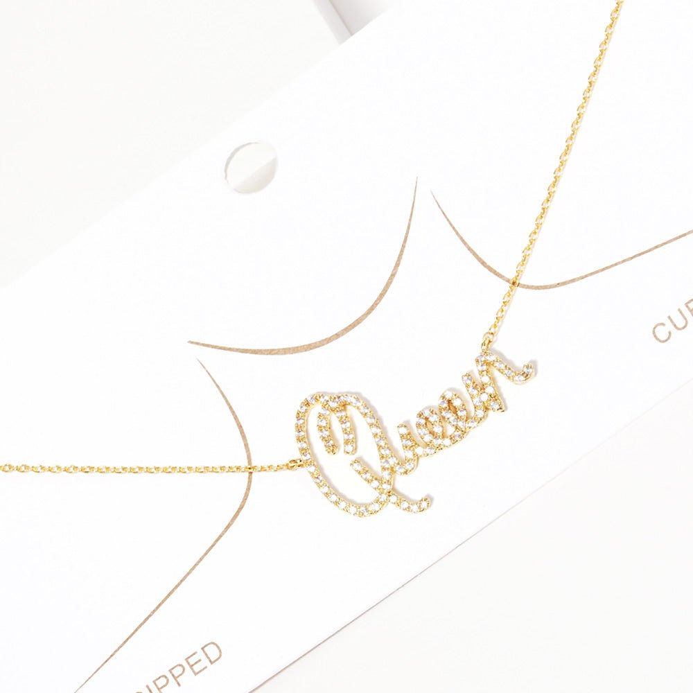 White Gold Dipped CZ Queen Message Pendant Necklace - Blaire Shops