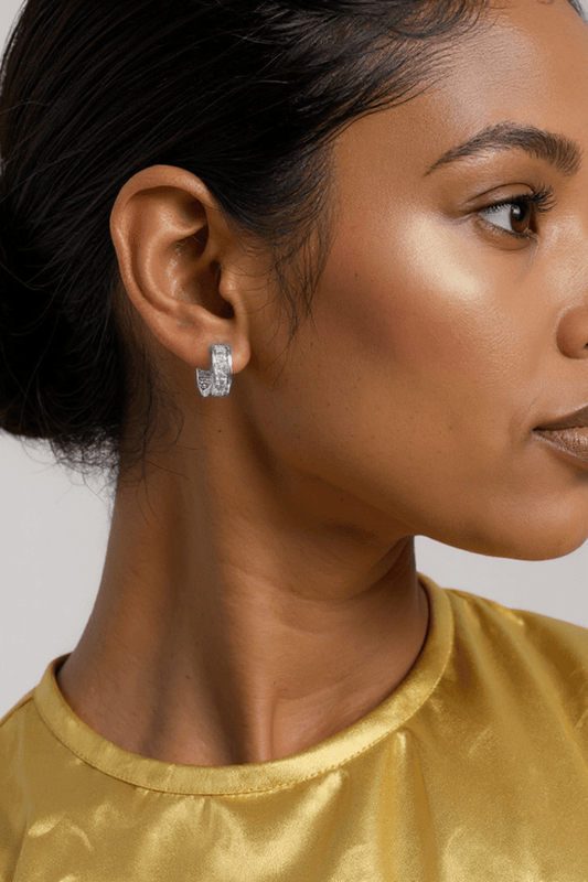 White Gold Dipped Princess Cut CZ Stone Channel Mini Huggie Hoop Earrings - Blaire Shops