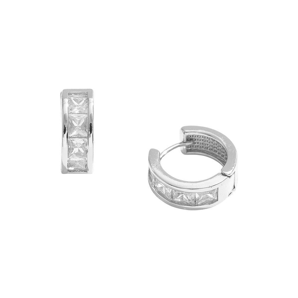 White Gold Dipped Princess Cut CZ Stone Channel Mini Huggie Hoop Earrings - Blaire Shops