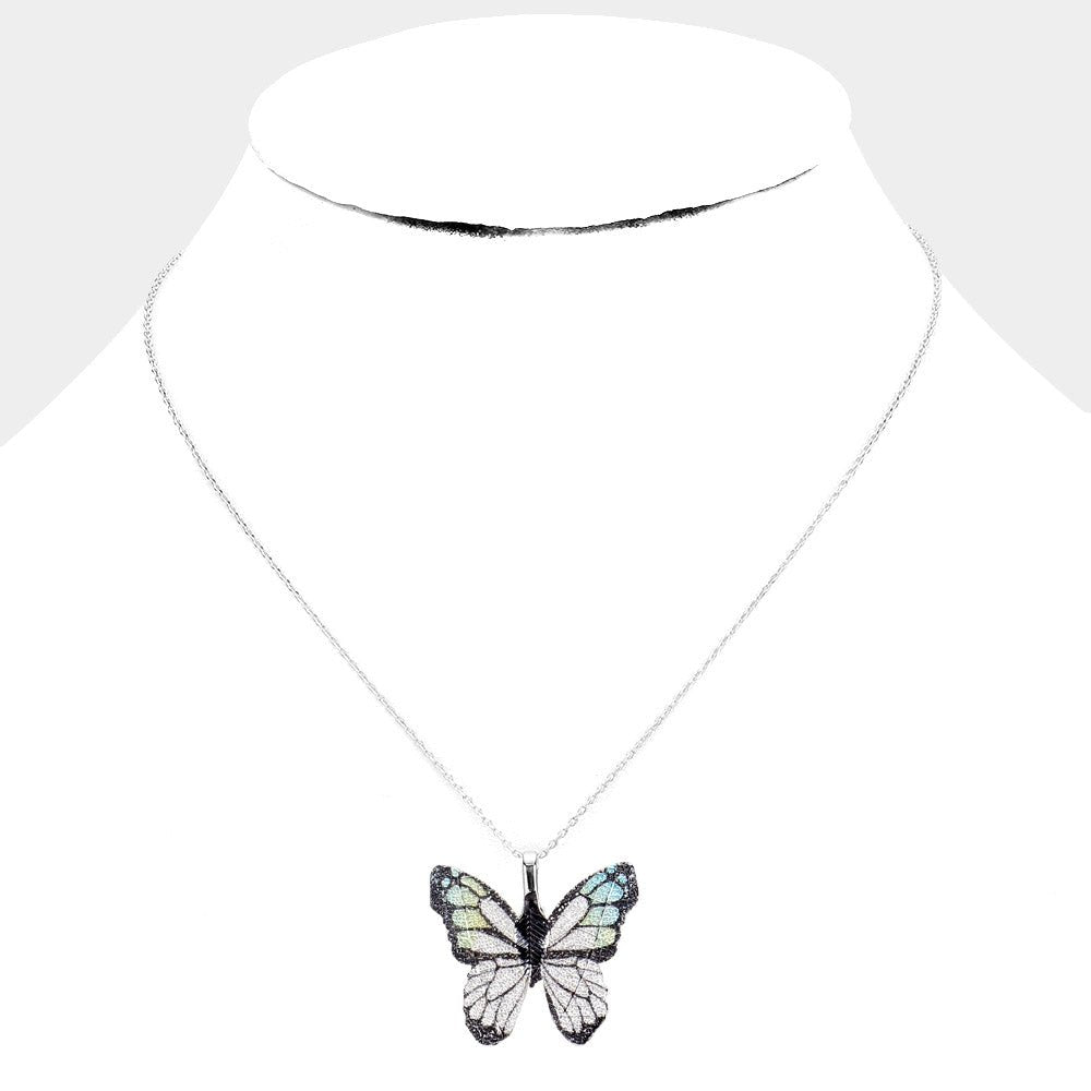 White Gold Dipped Textured Butterfly Pendant Necklace - Blaire Shops