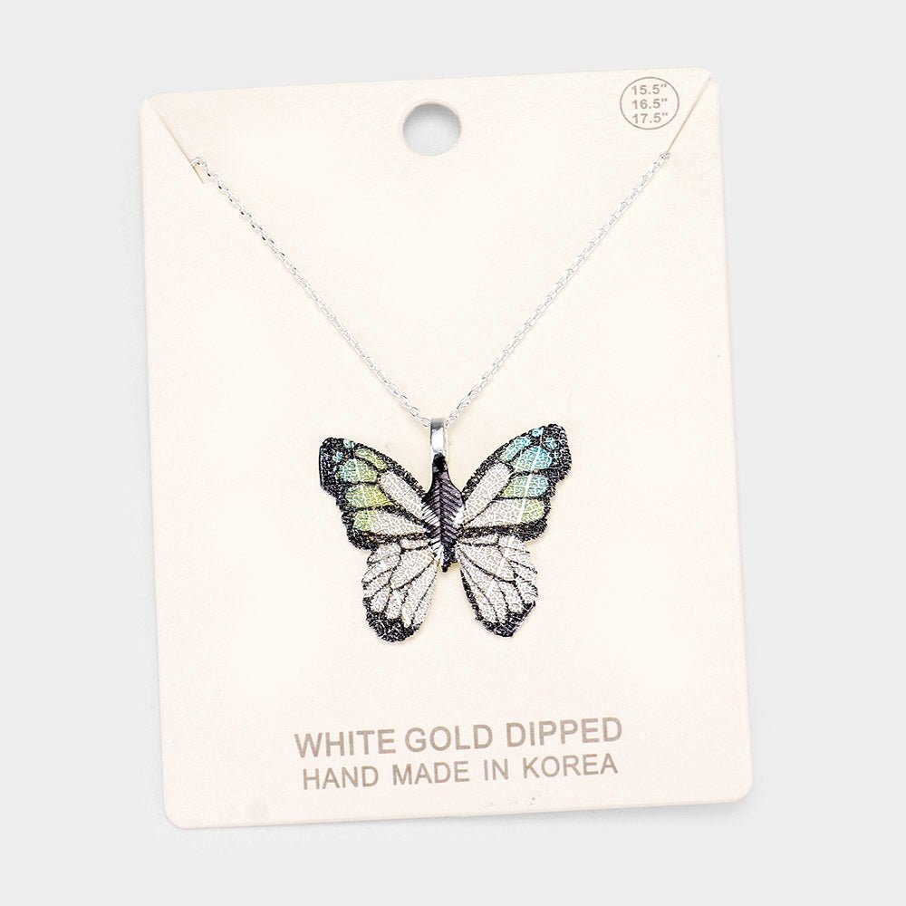 White Gold Dipped Textured Butterfly Pendant Necklace - Blaire Shops