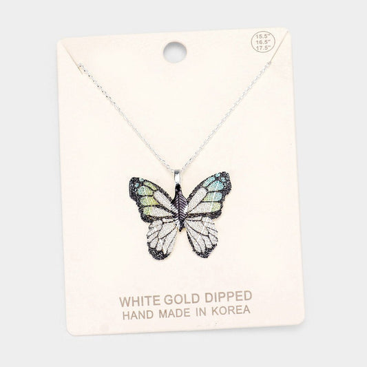 White Gold Dipped Textured Butterfly Pendant Necklace - Blaire Shops