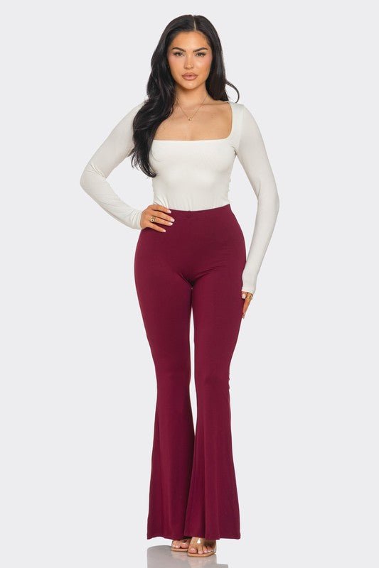 Wine Solid Flared Long Pants With Unique Waistband Detail - Comfortable 95% Polyester Blend - Blaire Shops