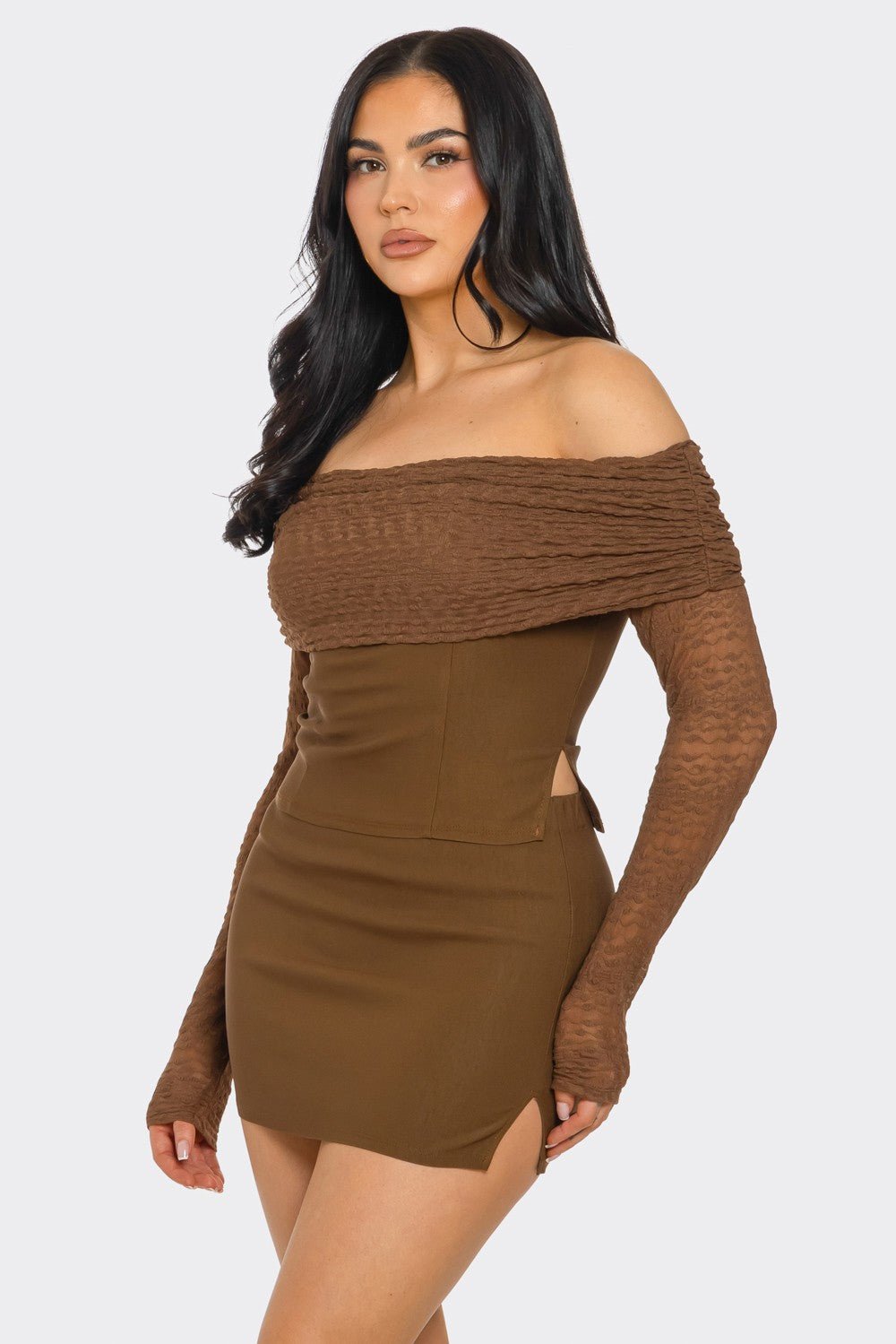 Women’s Black Off - Shoulder Long Sleeve Top and Mini Skirt Set – Sexy Two - Piece Party Outfit - Blaire Shops