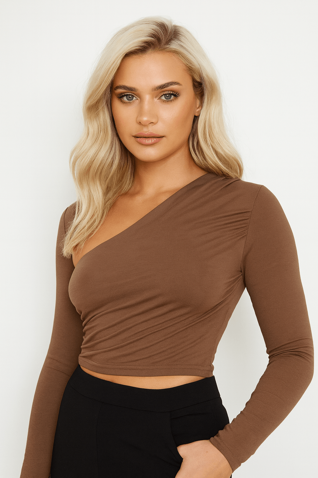 Women’s Long Sleeve Asymmetrical Ruched Crop Top – Bodycon Mini, Made in USA - Blaire Shops