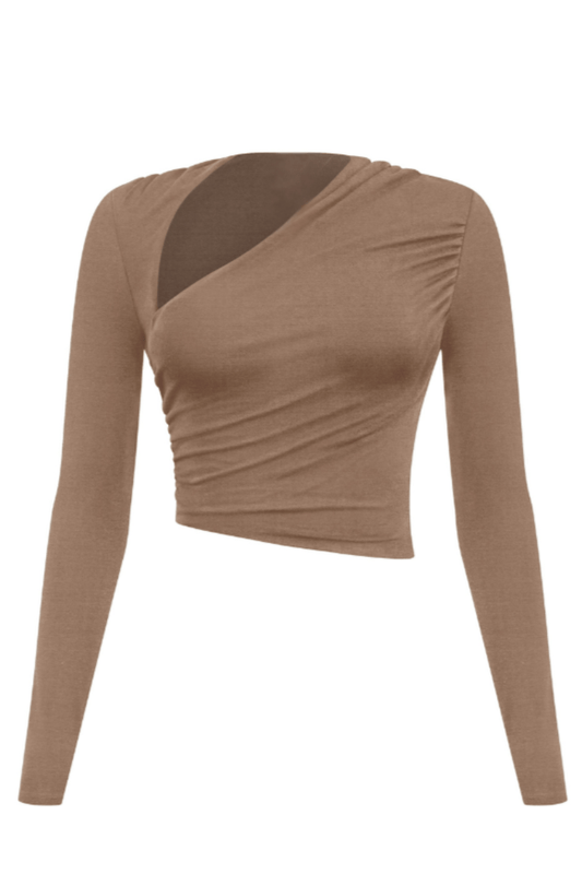 Women’s Long Sleeve Asymmetrical Ruched Crop Top – Bodycon Mini, Made in USA - Blaire Shops