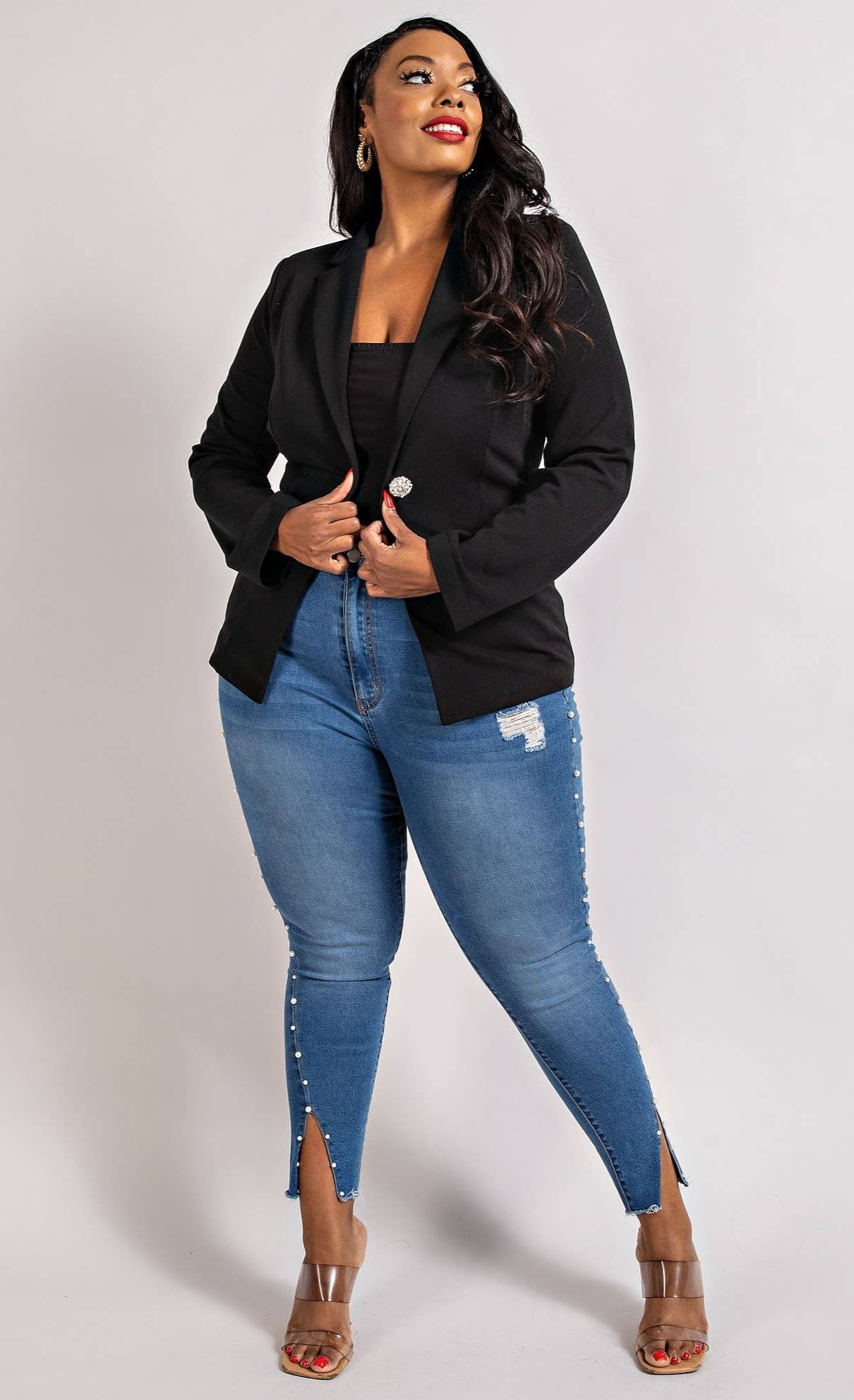 ZOE PLUS SIZE SRETCH LUXE CRYSTAL DETAIL BUTTON BLAZER - Blaire Shops